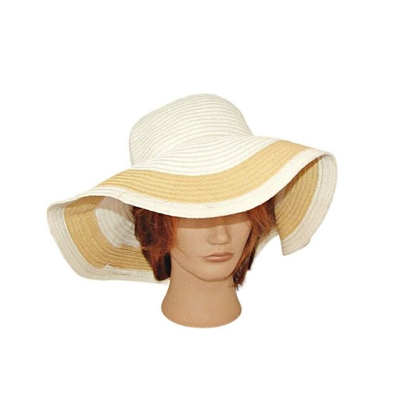 Womens Floppy Wide Brim Beach Straw Hat White Tan Gardening Sun Protection SPF - Picture 7 of 8